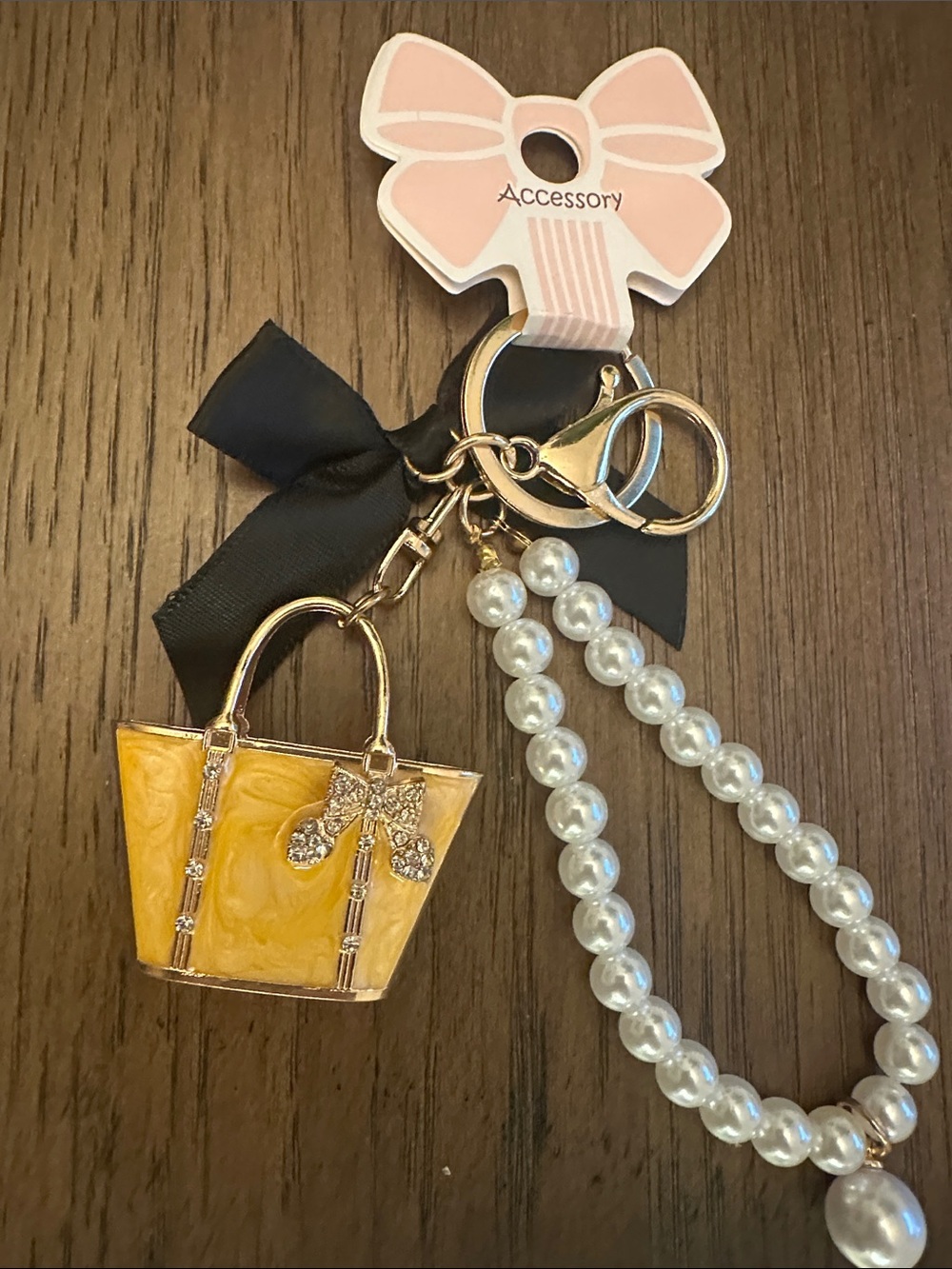 Yellow Handbag Keychain with Pearl-Accent and Black Bow - Picture 2 of 5